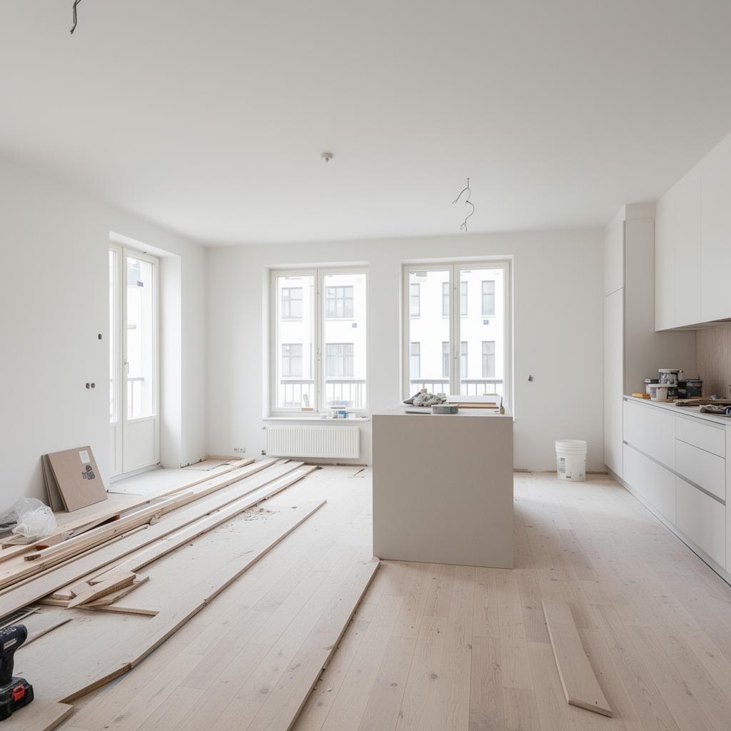 Modern lägenhetsrenovering i Nordic design med trägolv och köksö